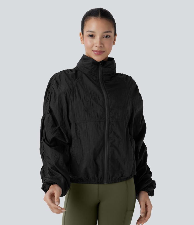 Water Repellent Lightweight Stowable Hood Ruched Sleeve Pocket Hiking Packable Jacket