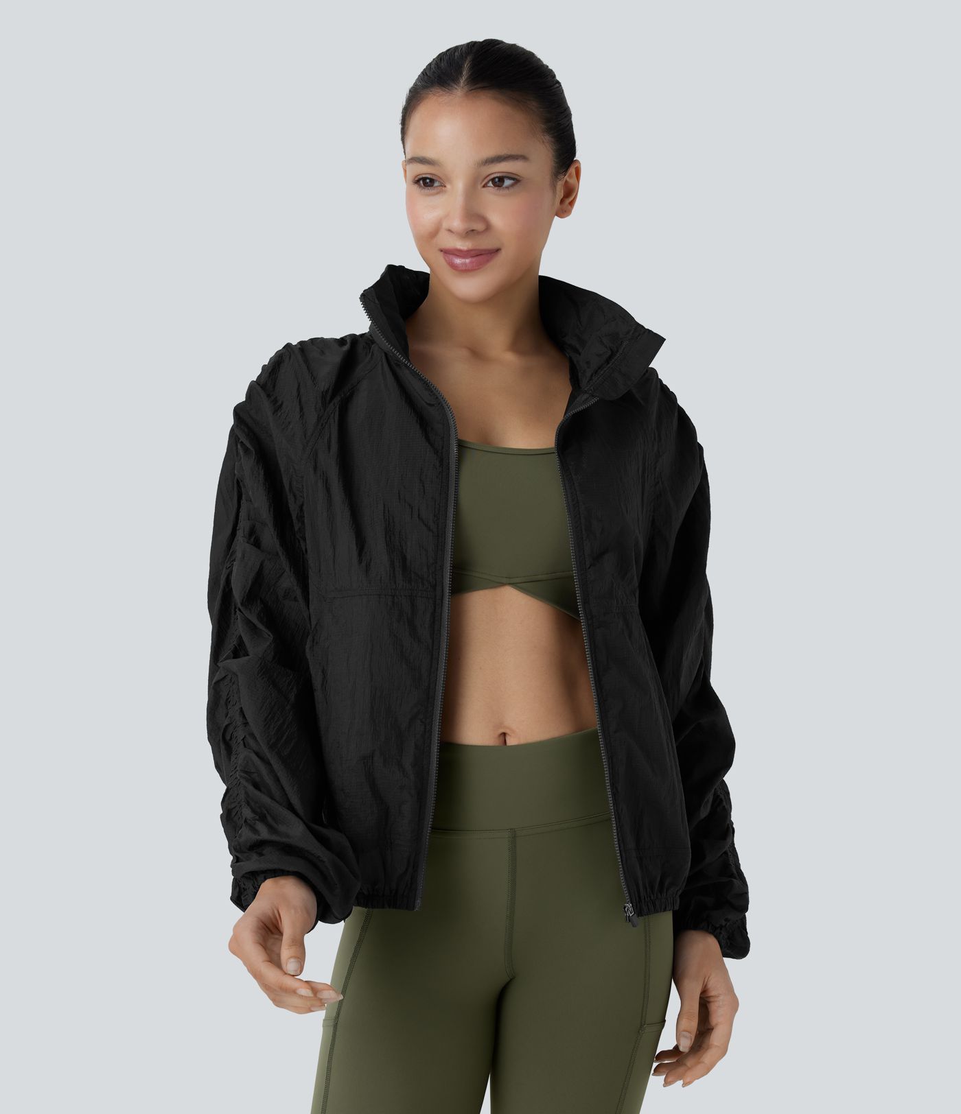 Water Repellent Lightweight Stowable Hood Ruched Sleeve Pocket Hiking Packable Jacket