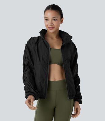 Water Repellent Lightweight Stowable Hood Ruched Sleeve Pocket Hiking Packable Jacket