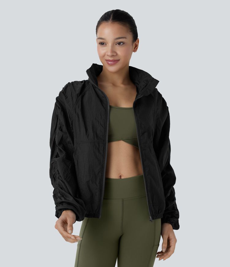 Water Repellent Lightweight Stowable Hood Ruched Sleeve Pocket Hiking Packable Jacket