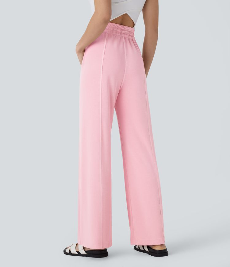 High Waisted Adjustable Drawcord Side Pocket Straight Leg Casual Pants