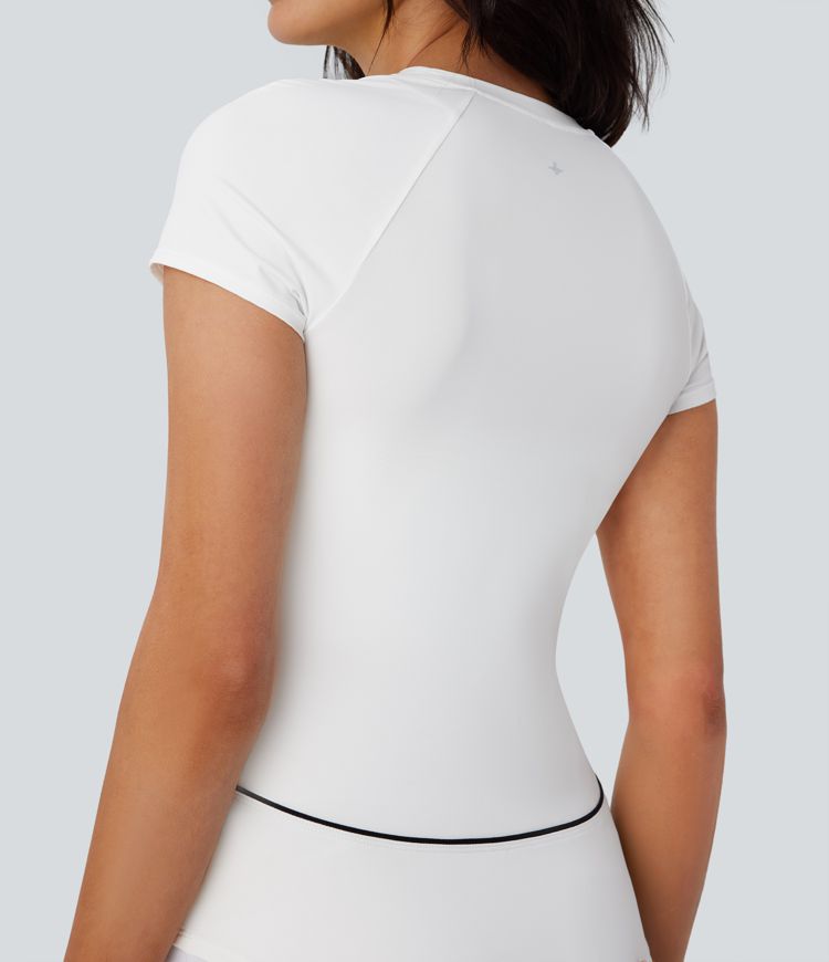 Camiseta deportiva golf ligera ajustada dobladillo curvo cinta bloque color manga raglán