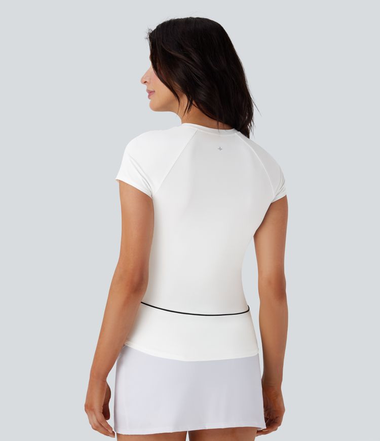 Camiseta deportiva golf ligera ajustada dobladillo curvo cinta bloque color manga raglán