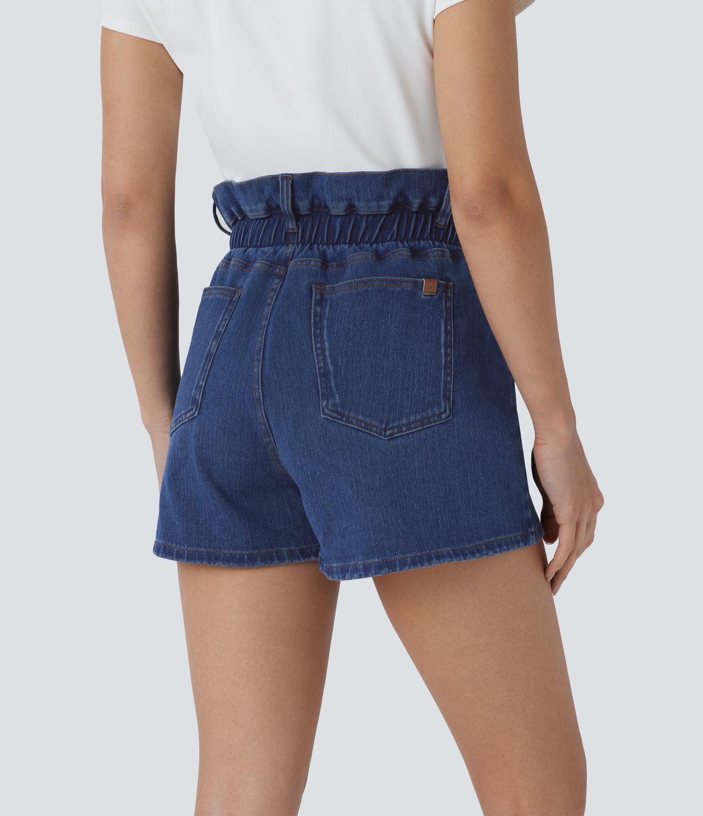 Halara Flex™ Short décontracté en denim tricoté extensible, super taille haute style paperbag, délavé avec poches multiples