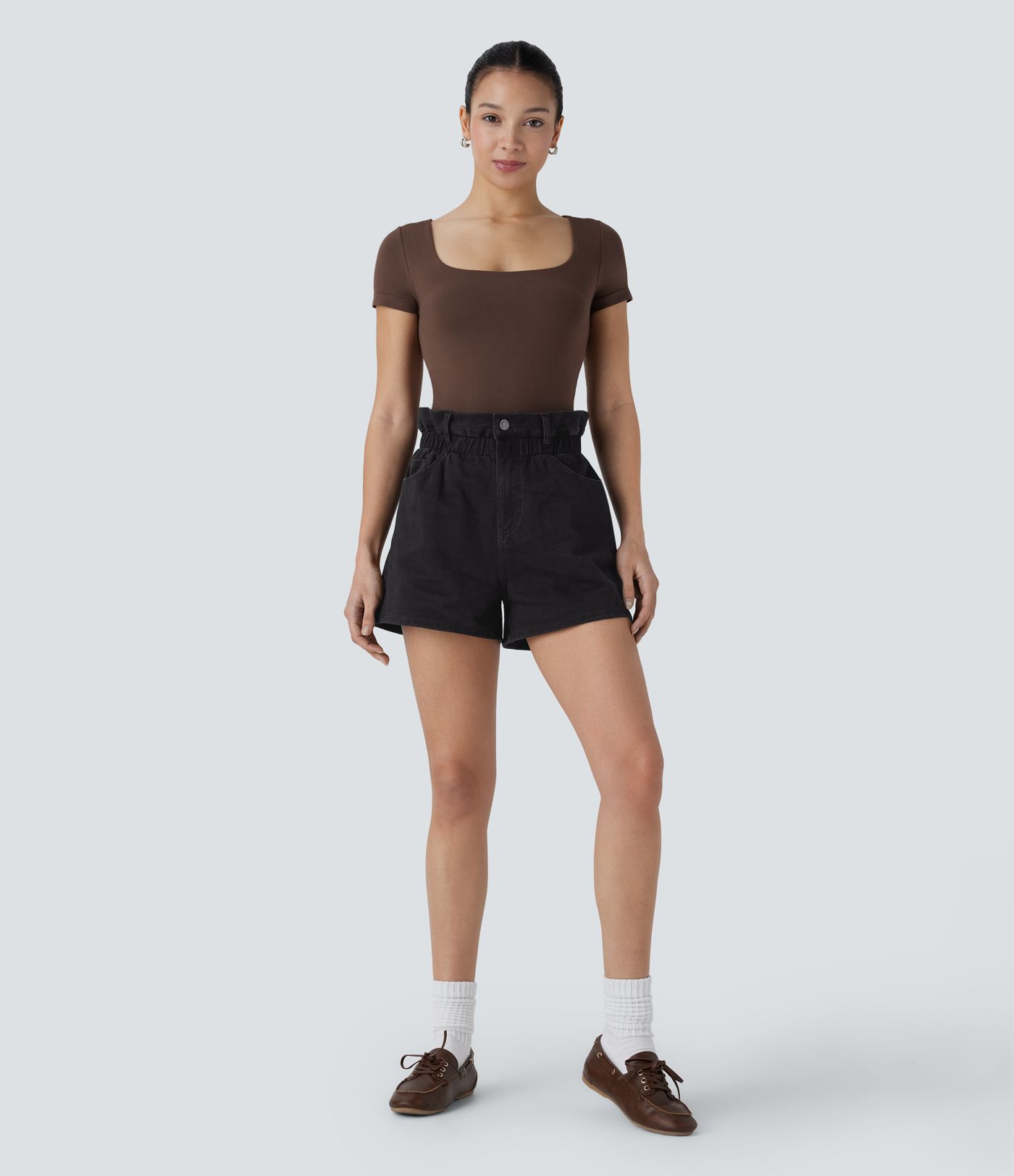 Halara Flex™ Paperbag Super High Waisted Multiple Pockets Washed Stretchy Knit Denim Casual Shorts