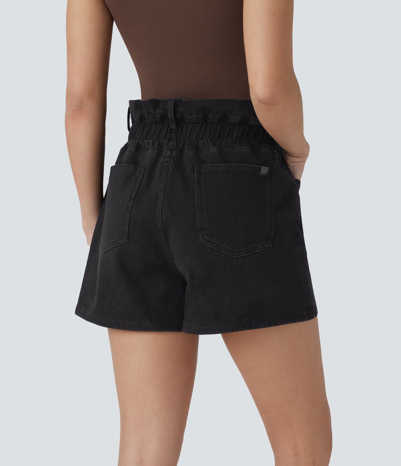 Halara Flex™ Paperbag Super High Waisted Multiple Pockets Washed Stretchy Knit Denim Casual Shorts