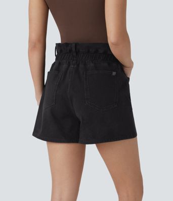 Halara Flex™ Paperbag Super High Waisted Multiple Pockets Washed Stretchy Knit Denim Casual Shorts