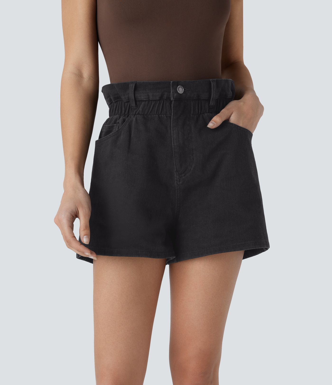 Halara Flex™ Paperbag Super High Waisted Multiple Pockets Washed Stretchy Knit Denim Casual Shorts