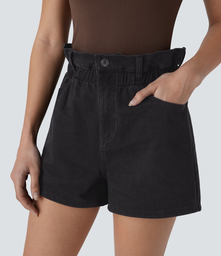 Halara Flex™ Paperbag Super High Waisted Multiple Pockets Washed Stretchy Knit Denim Casual Shorts