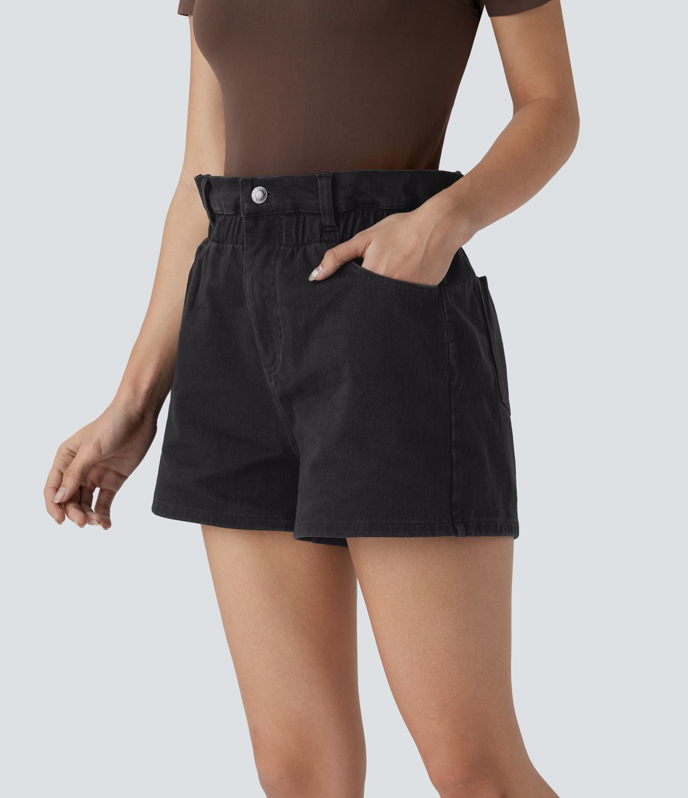 Halara Flex™ Paperbag Super High Waisted Multiple Pockets Washed Stretchy Knit Denim Casual Shorts