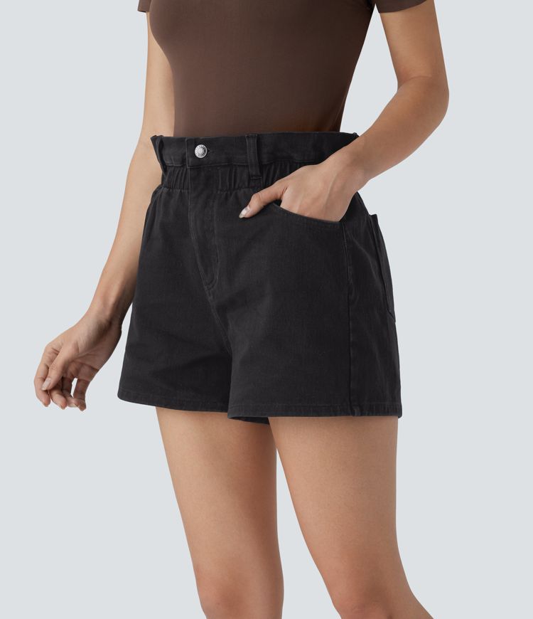 Halara Flex™ Paperbag Super High Waisted Multiple Pockets Washed Stretchy Knit Denim Casual Shorts