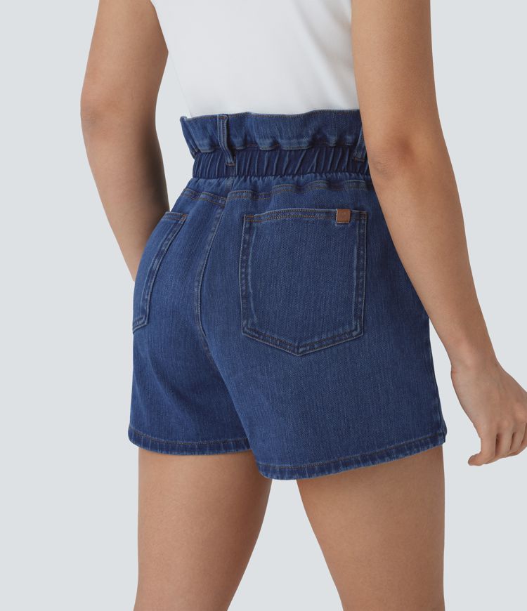Halara Flex™ Short décontracté en denim tricoté extensible, super taille haute style paperbag, délavé avec poches multiples