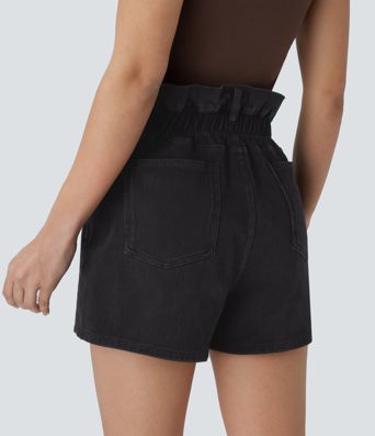 Halara Flex™ Paperbag Super High Waisted Multiple Pockets Washed Stretchy Knit Denim Casual Shorts