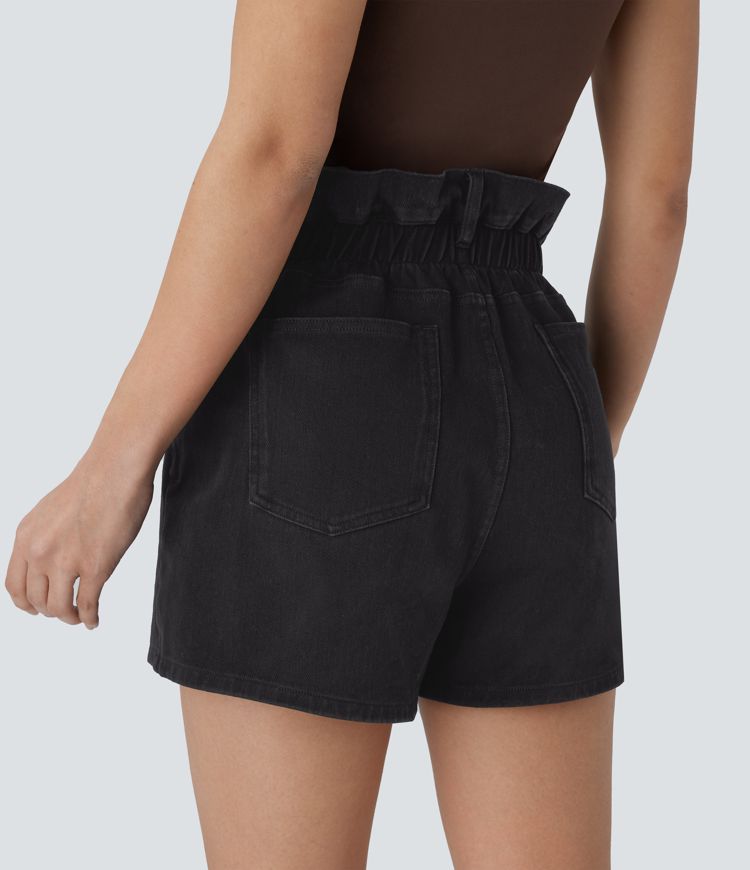Halara Flex™ Paperbag Super High Waisted Multiple Pockets Washed Stretchy Knit Denim Casual Shorts