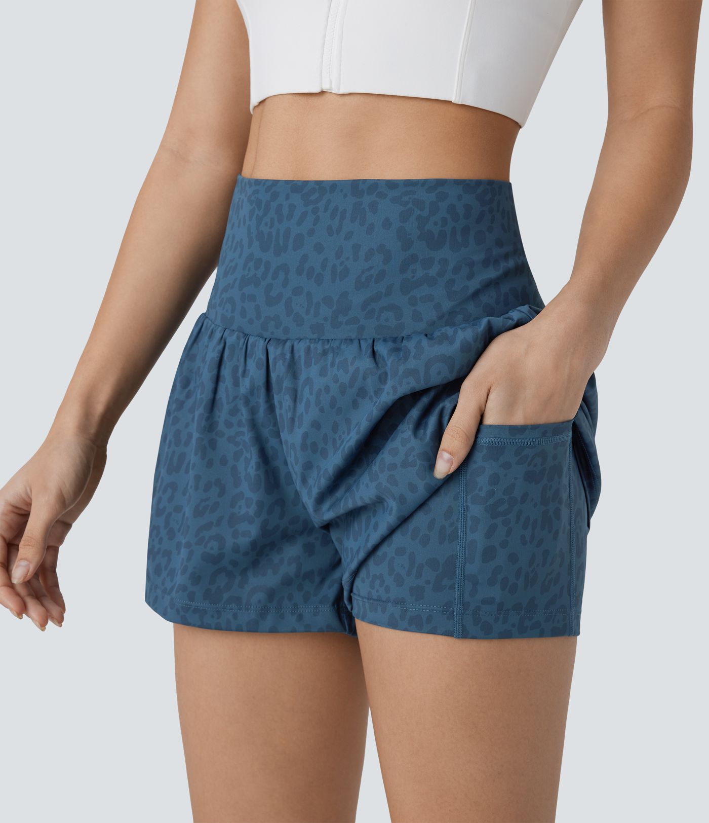 Shorts de yoga 2-en-1 à imprimé léopard, très taille haute, poches & poches
