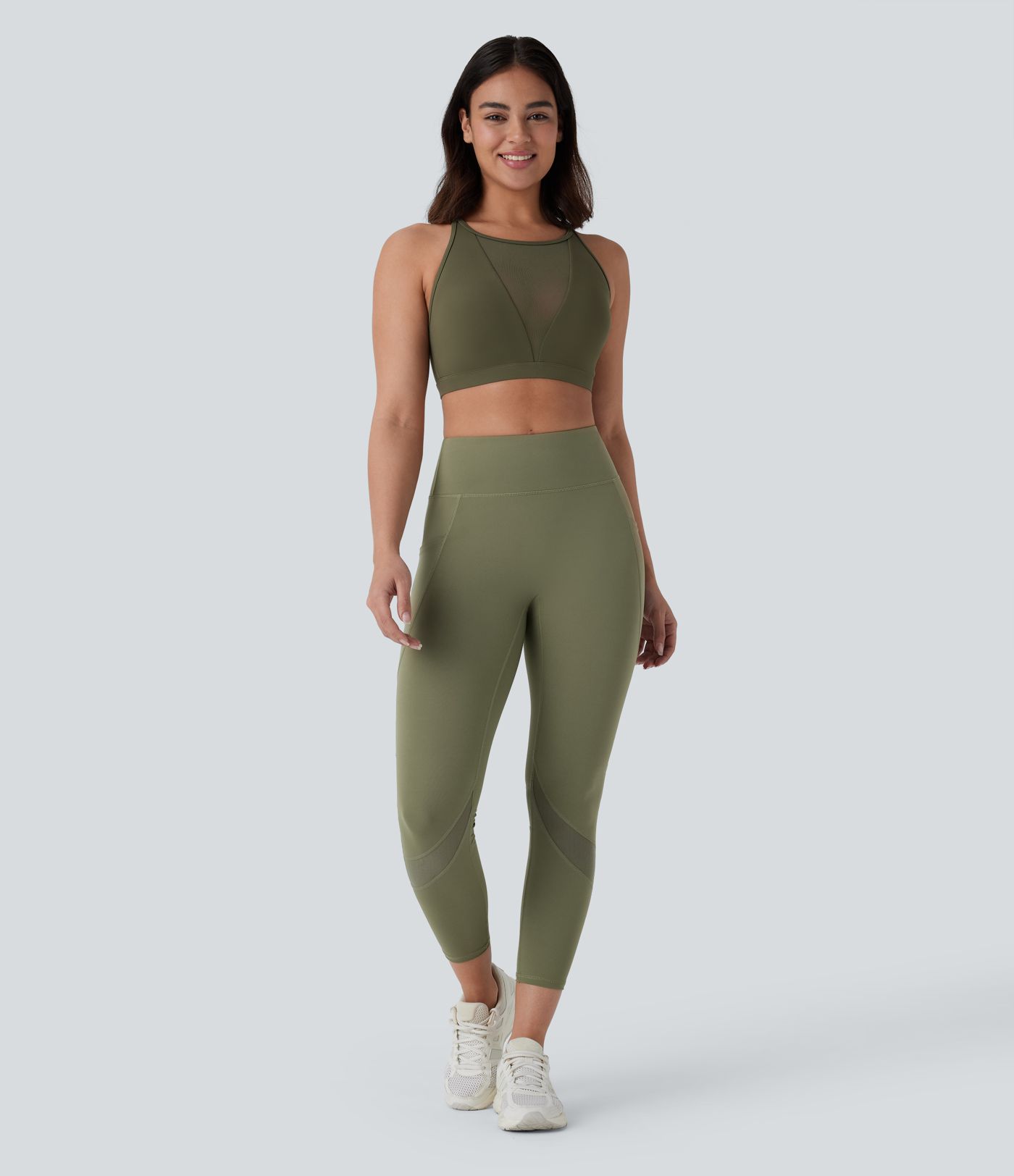 7/8 Yoga-Leggings mit hohem Bund, Seitentaschen und kontrastierendem Mesh