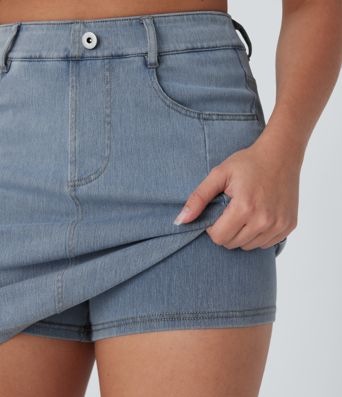 Halara Flex™ Jupe Mini décontractée en Jean Lavé à Taille Haute avec Poches 2-in-1