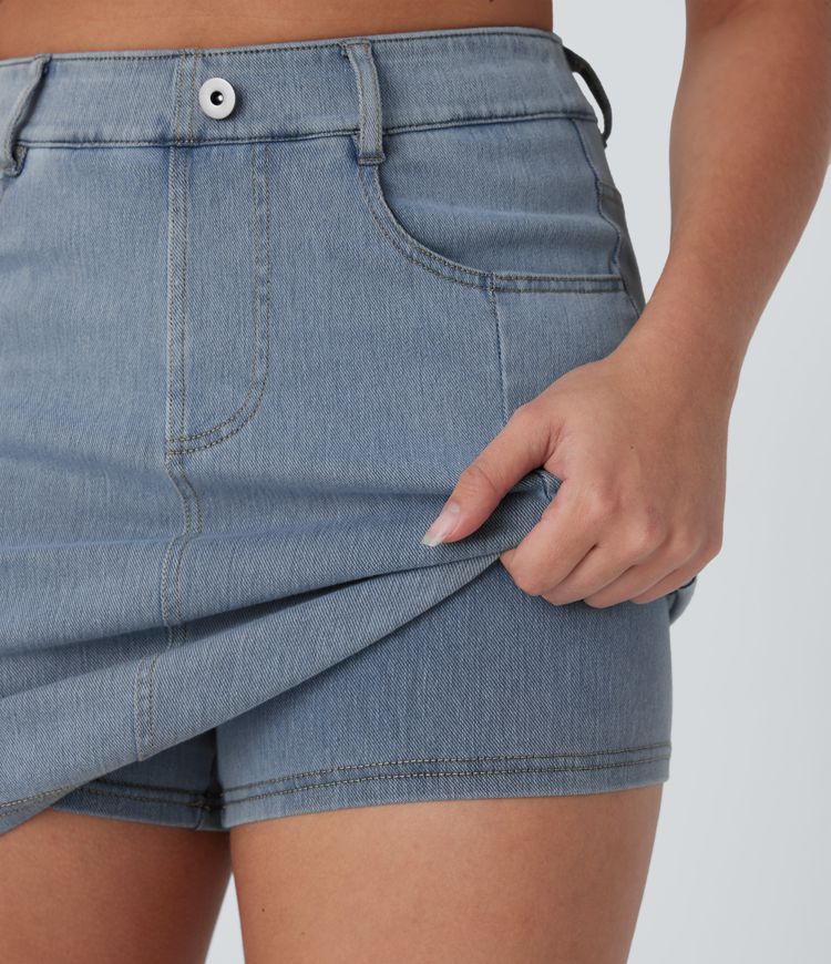 Halara Flex™ Jupe Mini décontractée en Jean Lavé à Taille Haute avec Poches 2-in-1