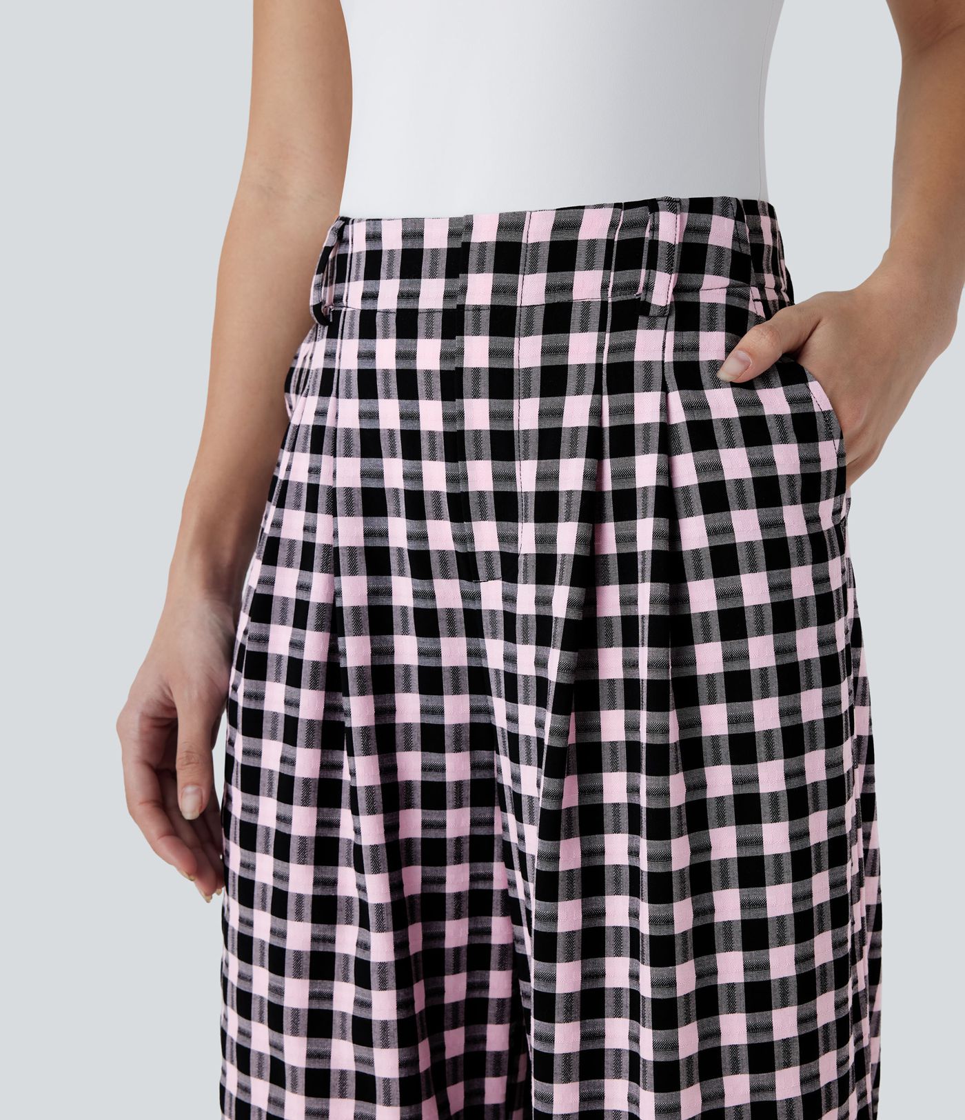 High Waisted Pocket Wide Leg Plaid Casual Pants