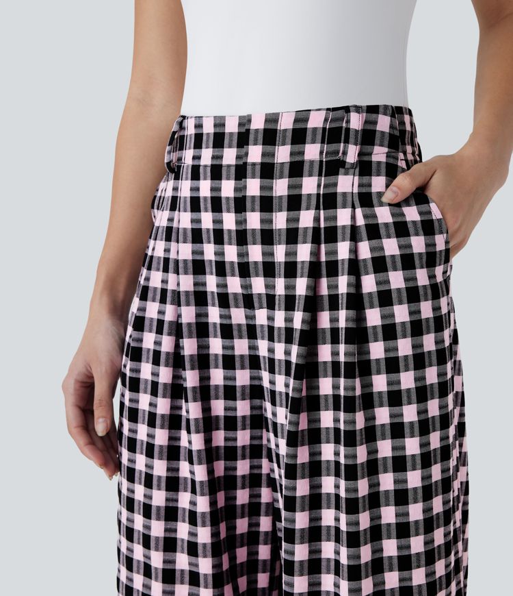 High Waisted Pocket Wide Leg Plaid Casual Pants