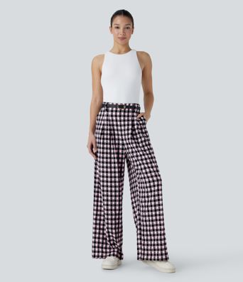 High Waisted Pocket Wide Leg Plaid Casual Pants