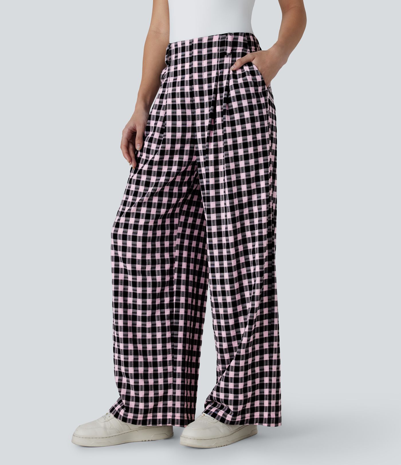 High Waisted Pocket Wide Leg Plaid Casual Pants
