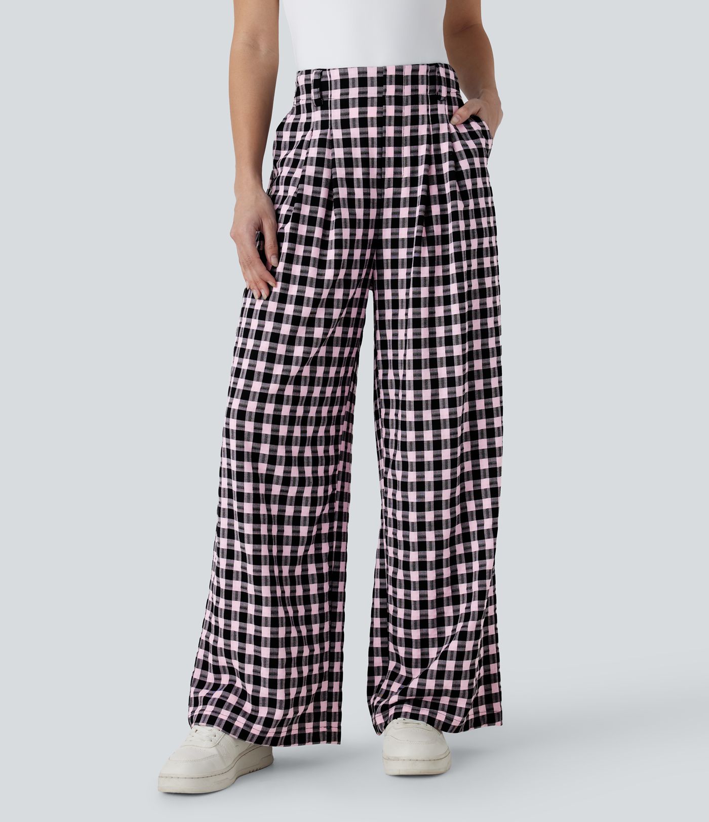 High Waisted Pocket Wide Leg Plaid Casual Pants