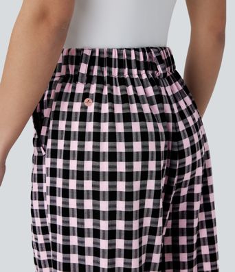 High Waisted Pocket Wide Leg Plaid Casual Pants