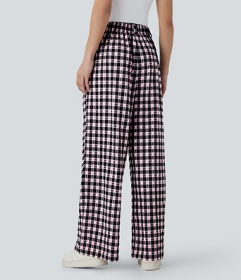 High Waisted Pocket Wide Leg Plaid Casual Pants