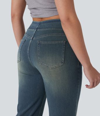 Halara Flex™ Jeans mit hohem Bund, mehreren Taschen, geradem Bein, verwaschenem