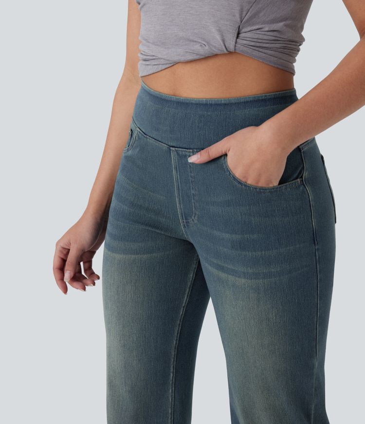 Halara Flex™ Jeans mit hohem Bund, mehreren Taschen, geradem Bein, verwaschenem