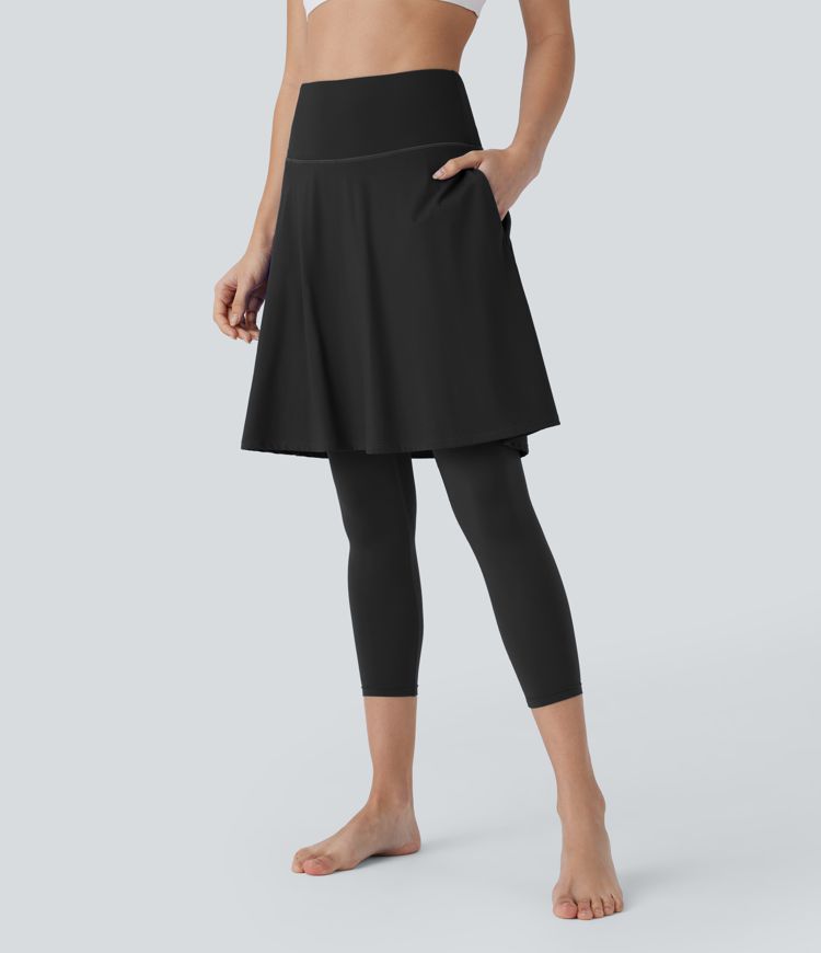 SoftlyZero™ Airy High Waisted Pocket 2-in-1 Cool Touch Flare Yoga Skirt with Capri Leggings
