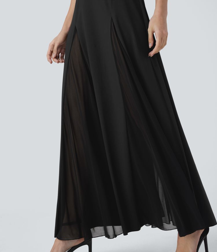 Robe longue fluide à bretelles ajustables avec maille contrastée pour demoiselle d'honneur et invitée de mariage