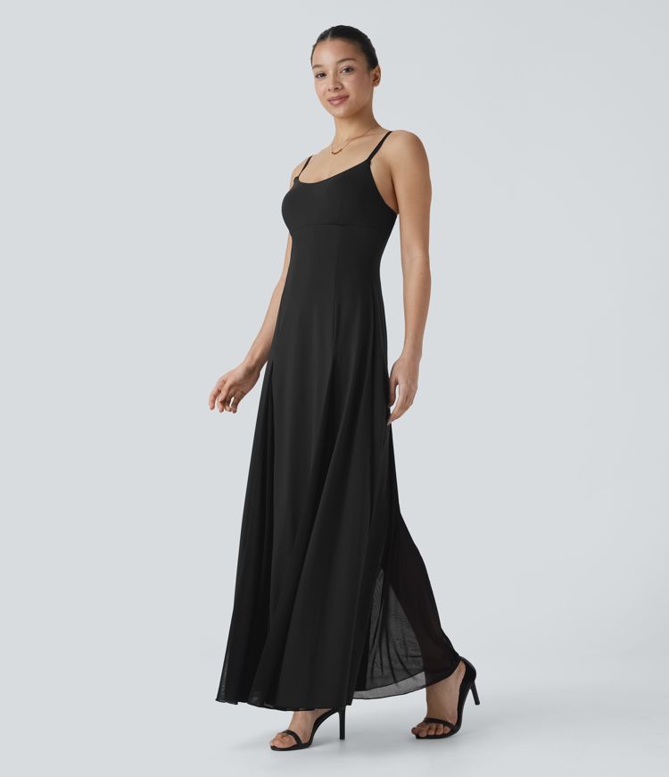 Robe longue fluide à bretelles ajustables avec maille contrastée pour demoiselle d'honneur et invitée de mariage