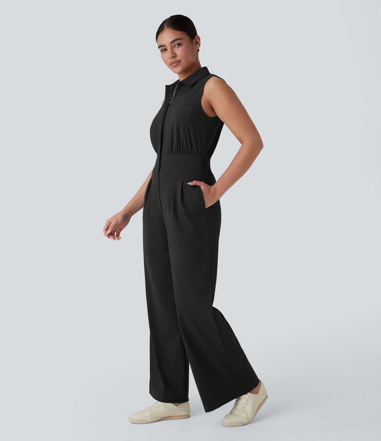 Collared Sleeveless Zipper Multiple Pockets Work Jumpsuit