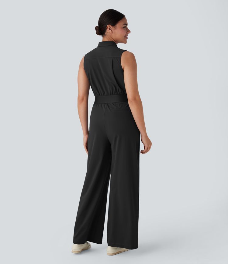 Collared Sleeveless Zipper Multiple Pockets Work Jumpsuit