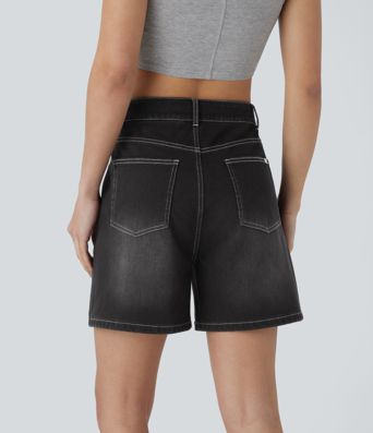 Halara Flex™ Mid Rise Drawstring Pockets Washed Denim Casual Shorts