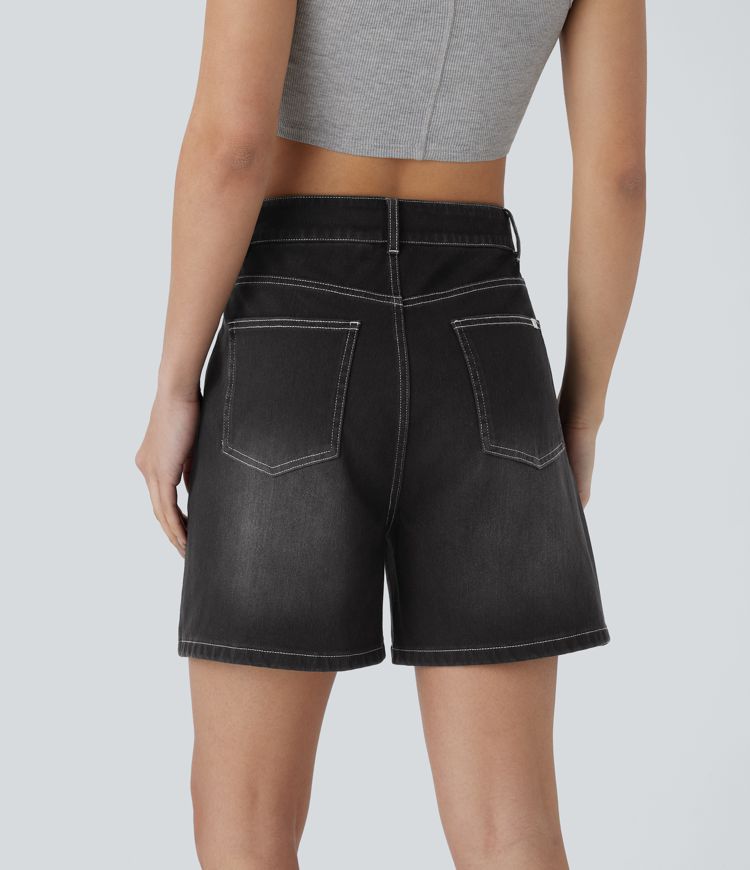 Halara Flex™ Mid Rise Drawstring Pockets Washed Denim Casual Shorts