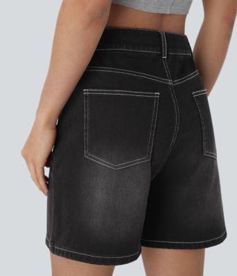 Halara Flex™ Mid Rise Drawstring Pockets Washed Denim Casual Shorts