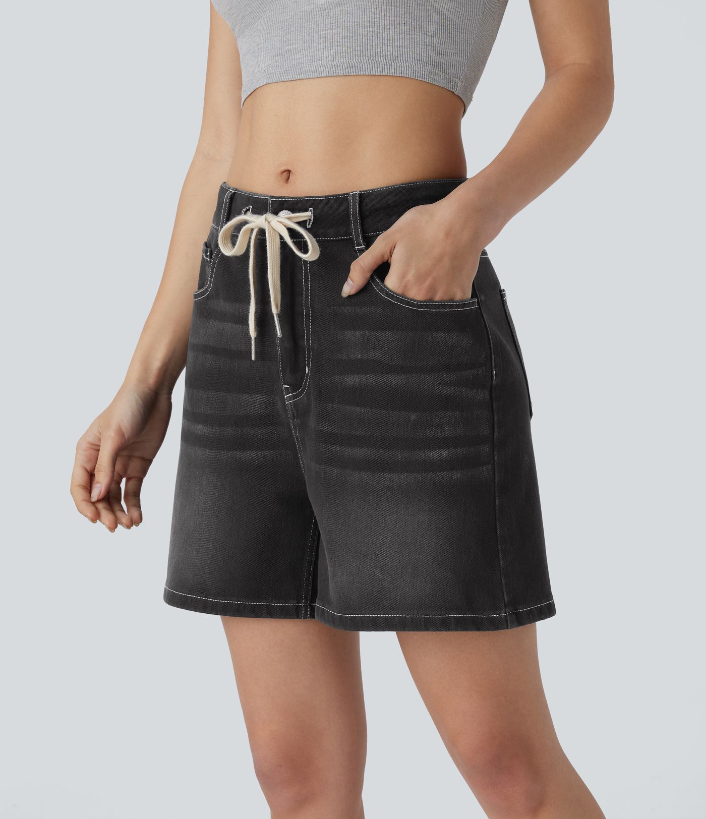 Halara Flex™ Mid Rise Drawstring Pockets Washed Denim Casual Shorts