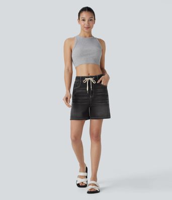 Halara Flex™ Mid Rise Drawstring Pockets Washed Denim Casual Shorts