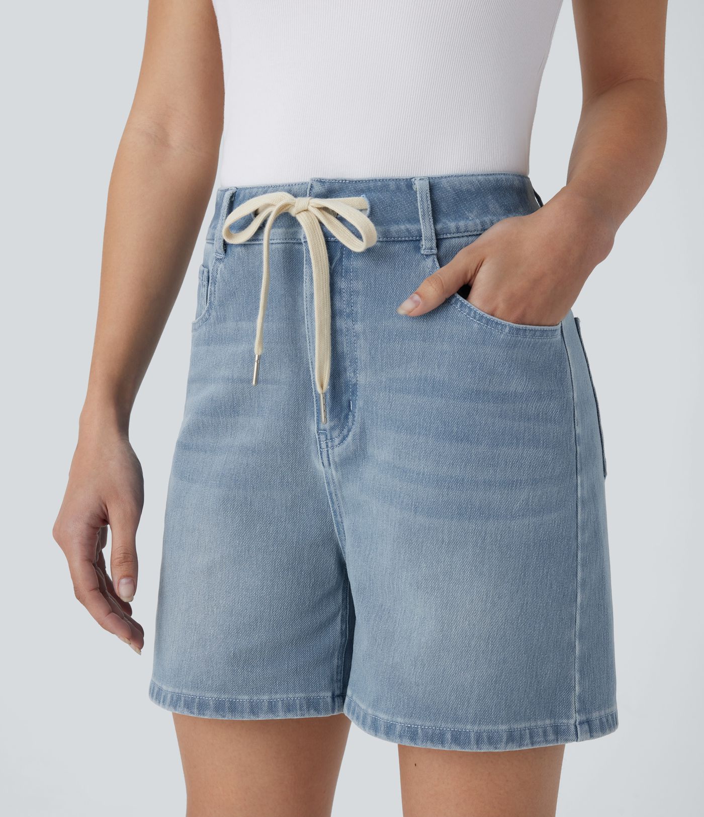 Halara Flex™ Mid Rise Drawstring Pockets Washed Denim Casual Shorts