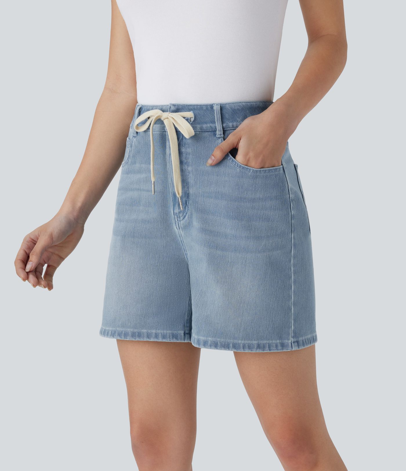 Halara Flex™ Mid Rise Drawstring Pockets Washed Denim Casual Shorts