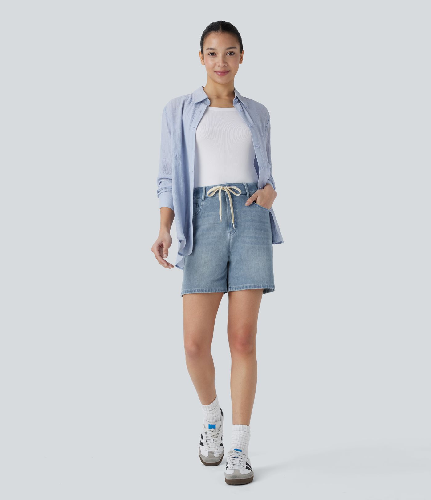 Pantalón corto Halara Flex™ Denim mezclilla elástico lavado múltiple bolsillo cordón tiro medio