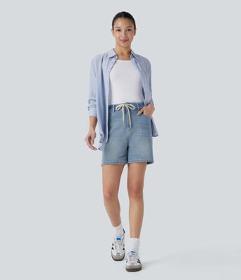 Pantalón corto Halara Flex™ Denim mezclilla elástico lavado múltiple bolsillo cordón tiro medio