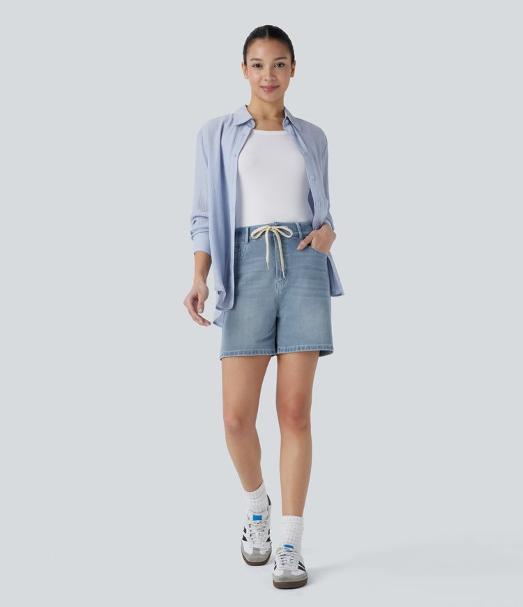Pantalón corto Halara Flex™ Denim mezclilla elástico lavado múltiple bolsillo cordón tiro medio