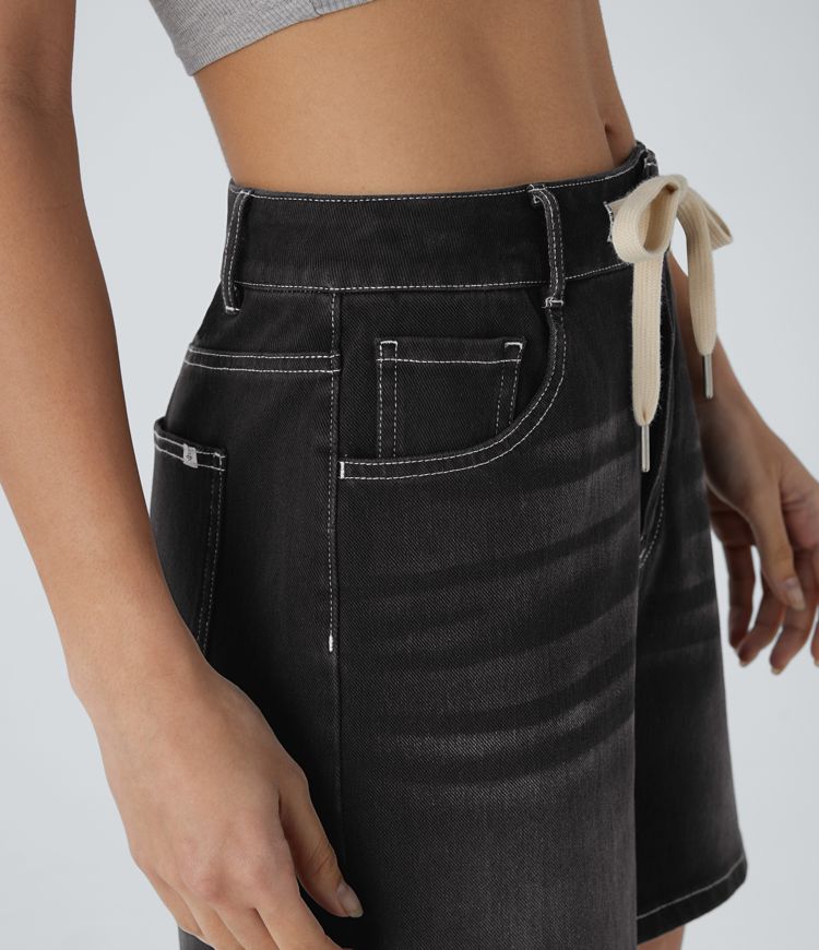 Halara Flex™ Mid Rise Drawstring Pockets Washed Denim Casual Shorts