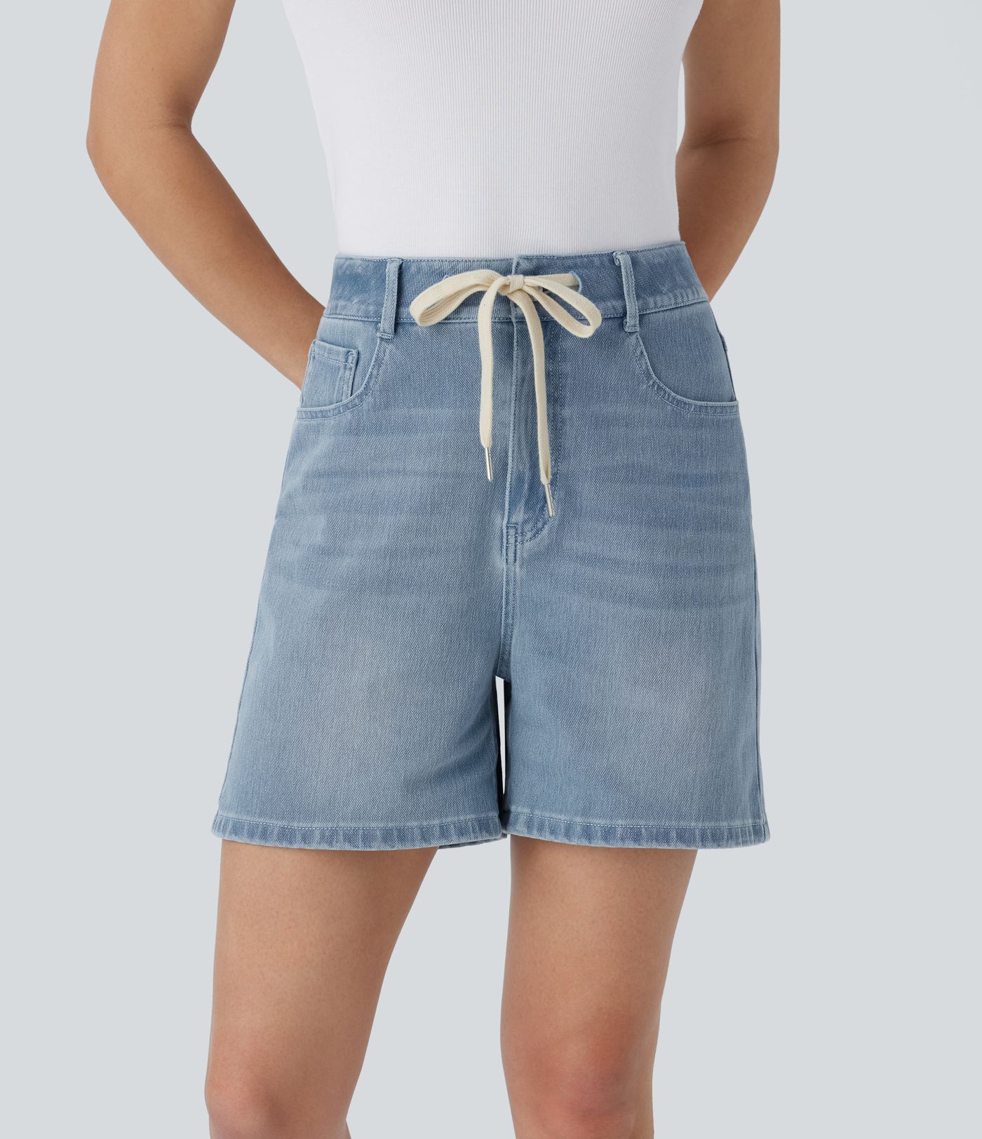 Halara Flex™ Mid Rise Drawstring Pockets Washed Denim Casual Shorts
