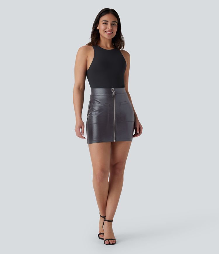SoftlyZero™ Faux Leather High Waisted Zipper Pocket Bodycon Metallic Foil Print Stretchy Mini Casual Skirt