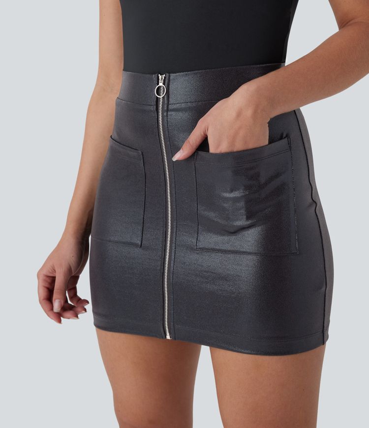 SoftlyZero™ Faux Leather High Waisted Zipper Pocket Bodycon Metallic Foil Print Stretchy Mini Casual Skirt